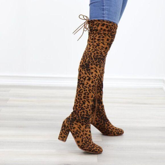 Suede Leopard Thigh High Heeled Boots - Picture 2 of 15